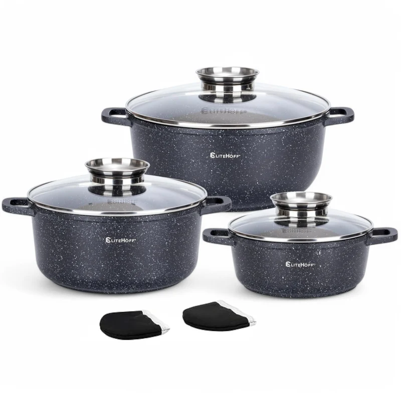 EliteHoff Kochtopf Set Induktion, Topf aus Aluminiumguss mit Antihaftbeschichtung, Topfset mit Glasd