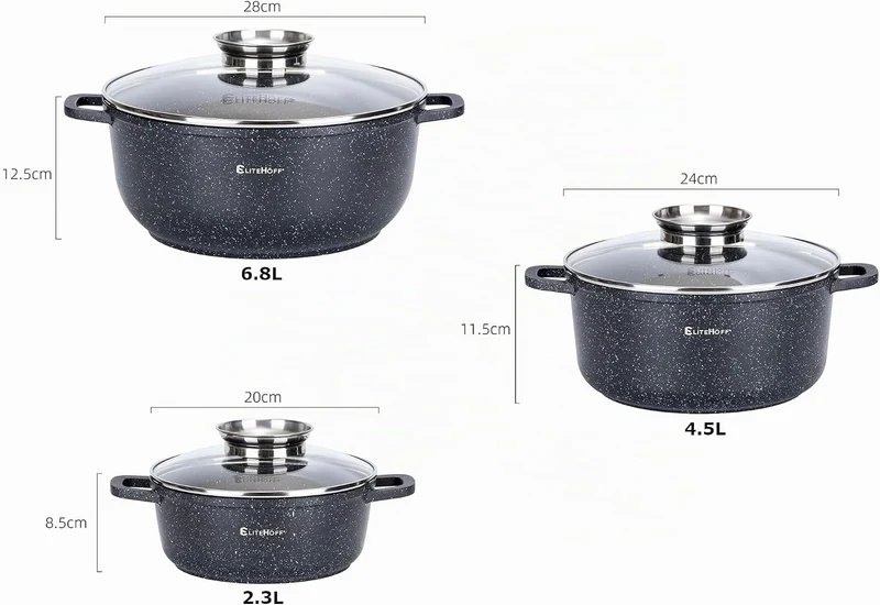 EliteHoff Kochtopf Set Induktion, Topf aus Aluminiumguss mit Antihaftbeschichtung, Topfset mit Glasd