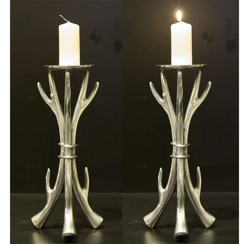 Kerzenständer Design Hirschgeweih 33cm poliertes Aluminium massiv wetterfest