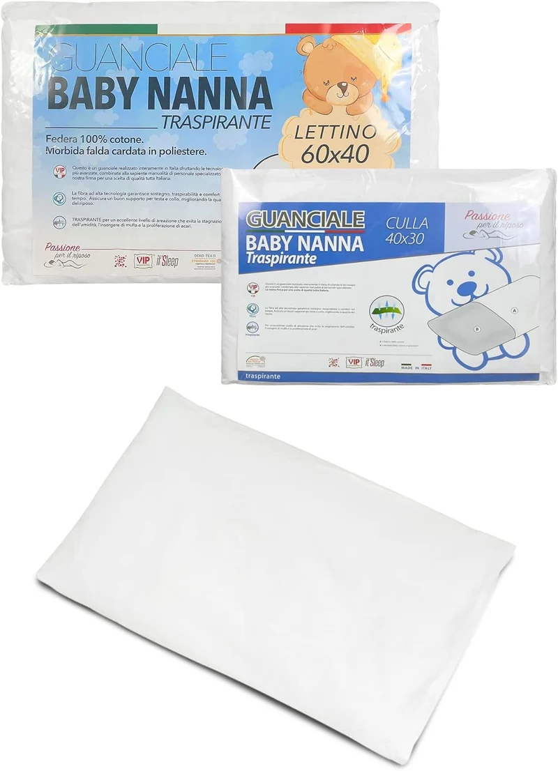 Cuscino Culla Traspirante, Antiacaro Con Federa 100% Cotone Neonato Made in Italy e OEKO-TEX®- Cuscino Lettino Bambino Morbido