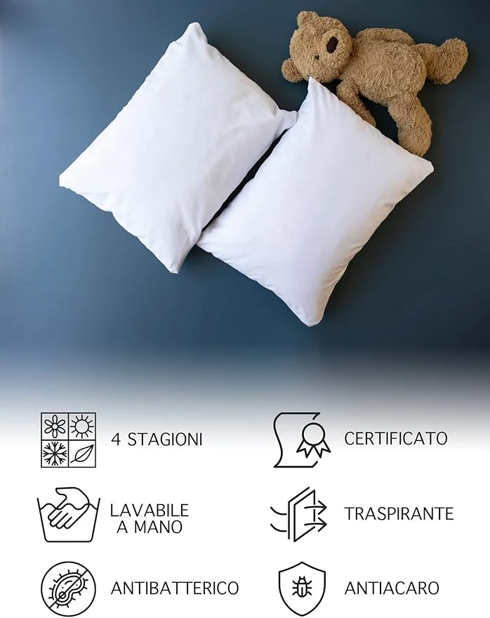 Cuscino Culla Traspirante, Antiacaro Con Federa 100% Cotone Neonato Made in Italy e OEKO-TEX®- Cuscino Lettino Bambino Morbido