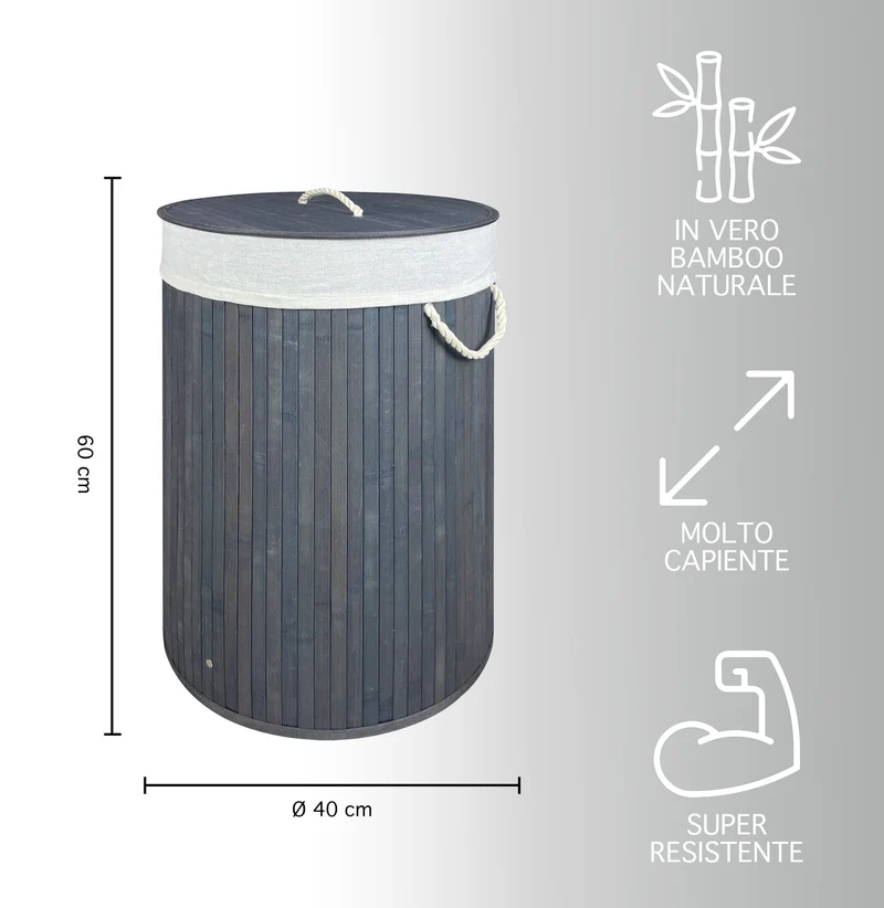 Cesto Biancheria Rotondo Pieghevole in Bamboo 75 Litri con Manici e Coperchio Il Gruppone