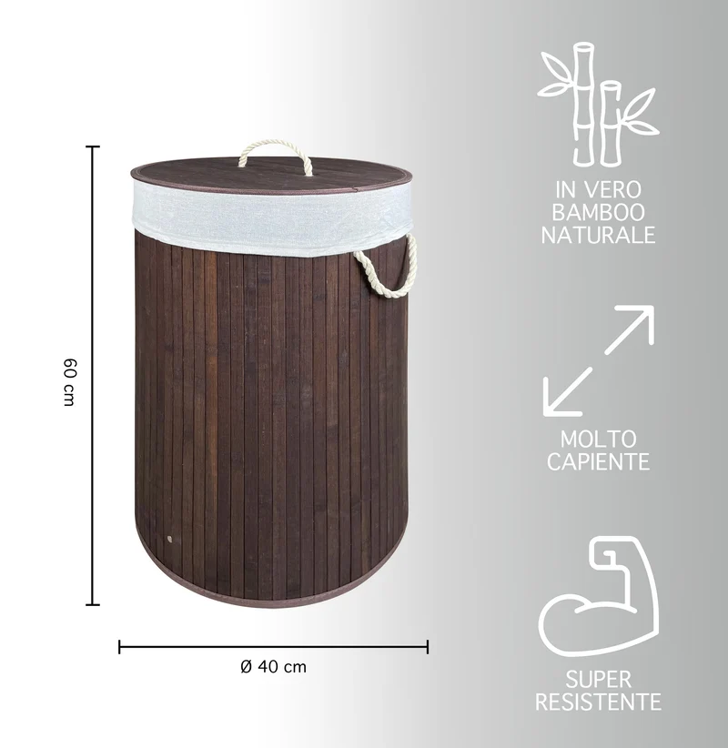 Cesto Biancheria Rotondo Pieghevole in Bamboo 75 Litri con Manici e Coperchio Il Gruppone