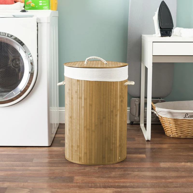 Cesto Biancheria Rotondo Pieghevole in Bamboo 75 Litri con Manici e Coperchio Il Gruppone