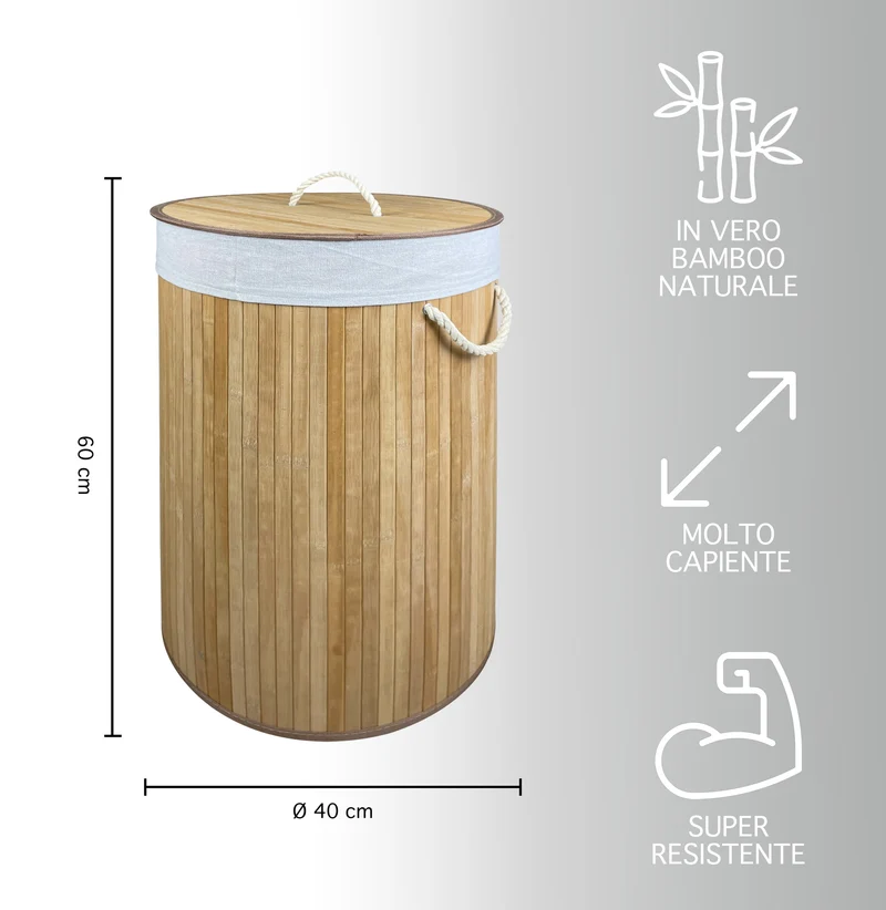 Cesto Biancheria Rotondo Pieghevole in Bamboo 75 Litri con Manici e Coperchio Il Gruppone