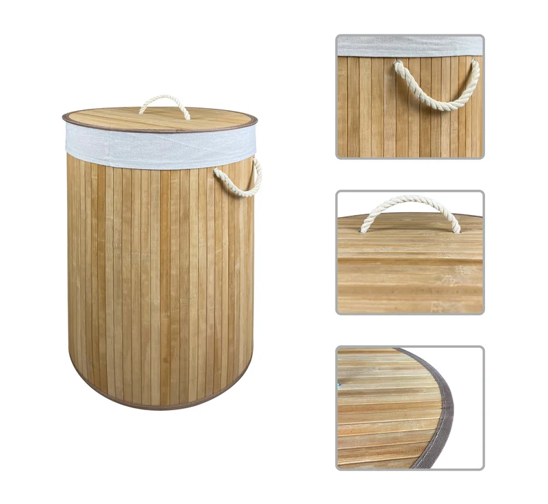 Cesto Biancheria Rotondo Pieghevole in Bamboo 75 Litri con Manici e Coperchio Il Gruppone
