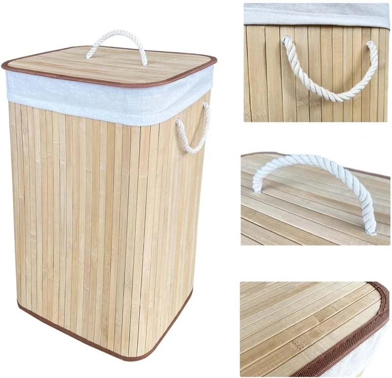 Cesto Biancheria Pieghevole in Bamboo 72 Litri con Manici e Coperchio Rettangolare Il Gruppone