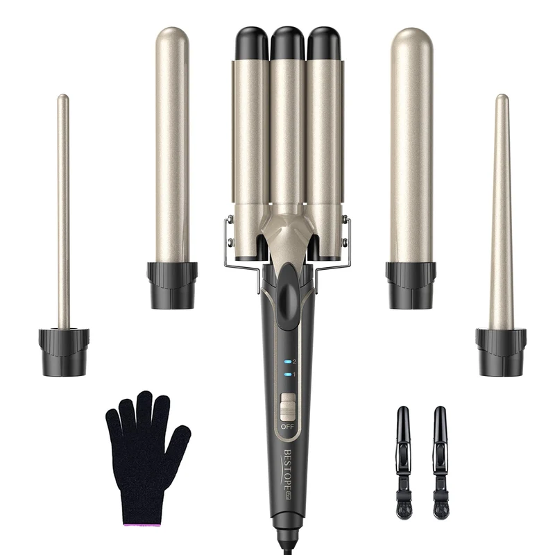Lockenstab set 5 in 1 Welleneisen - Lockenstäbe 3 Fässer für Grosse Keine Locken Keramik Lockenwickl