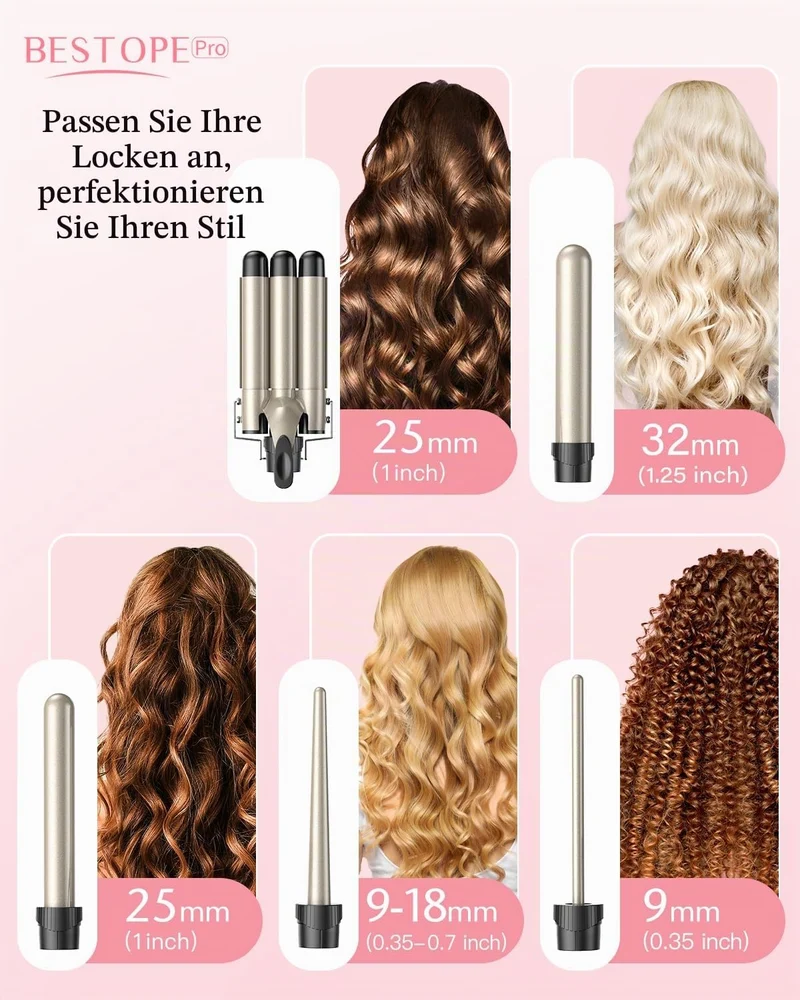 Lockenstab set 5 in 1 Welleneisen - Lockenstäbe 3 Fässer für Grosse Keine Locken Keramik Lockenwickl