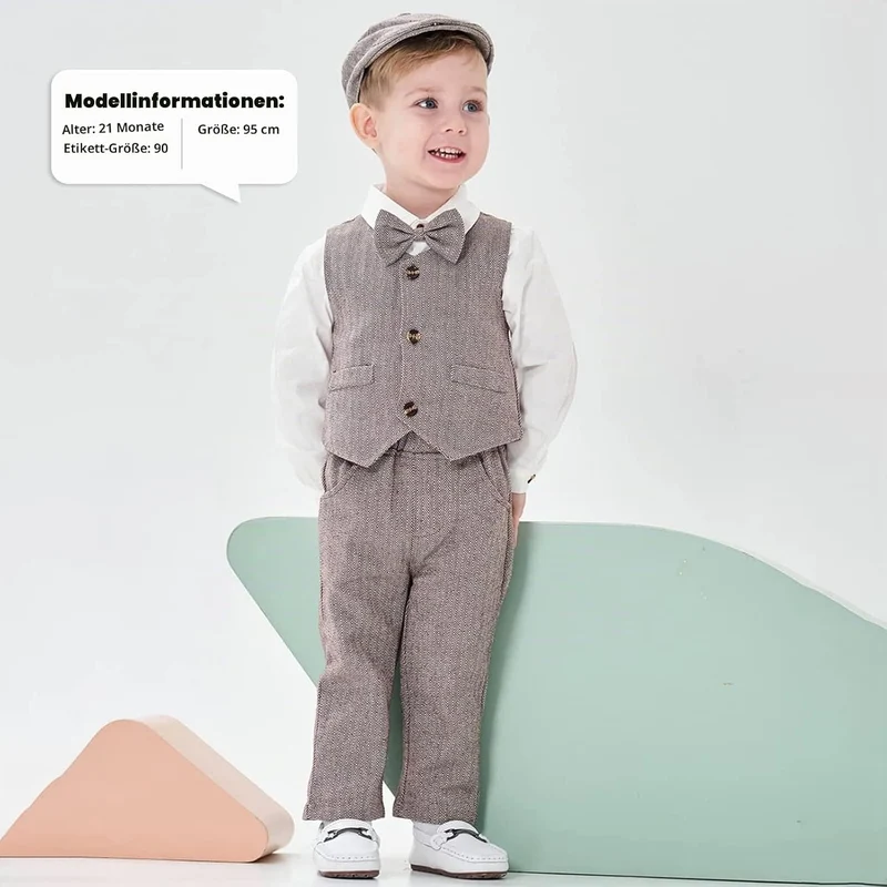 Volunboy Baby Anzug Jungen Anzugweste Hemd mit Fliege für Festlich Hochzeit Bekleidung Set 4tlg 3-4