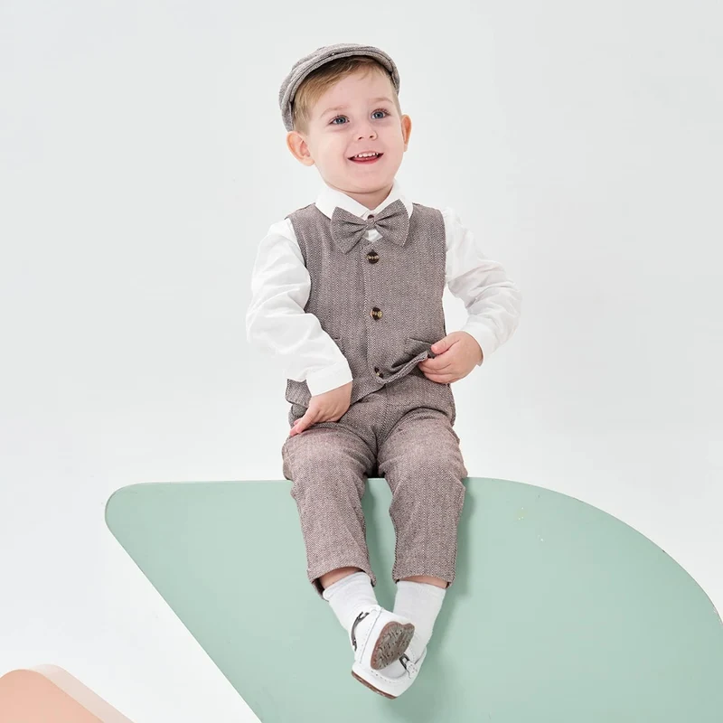 Volunboy Baby Anzug Jungen Anzugweste Hemd mit Fliege für Festlich Hochzeit Bekleidung Set 4tlg 3-4