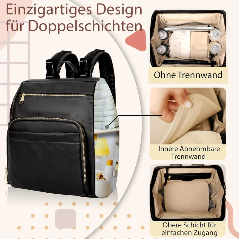 MISS FONG Wickelrucksack Wickeltasche Leder, Baby Rucksack Wickelrucksack Grosse Kapazität Mit 13 Wi