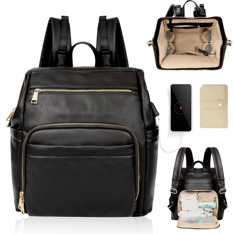 MISS FONG Wickelrucksack Wickeltasche Leder, Baby Rucksack Wickelrucksack Grosse Kapazität Mit 13 Wi