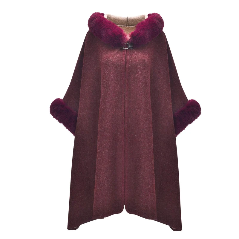 ZLYC Damen Winter Umhang Strickjacke Warm Kunstpelz Mäntel Poncho Cape mit Kapuze Einheitsgrösse Bur