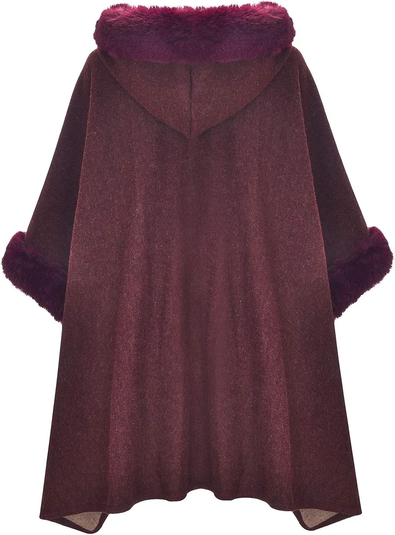 ZLYC Damen Winter Umhang Strickjacke Warm Kunstpelz Mäntel Poncho Cape mit Kapuze Einheitsgrösse Bur