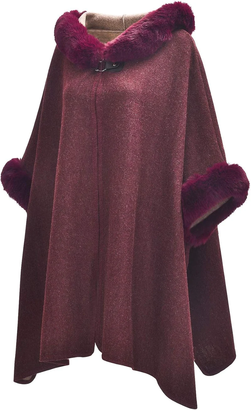ZLYC Damen Winter Umhang Strickjacke Warm Kunstpelz Mäntel Poncho Cape mit Kapuze Einheitsgrösse Bur