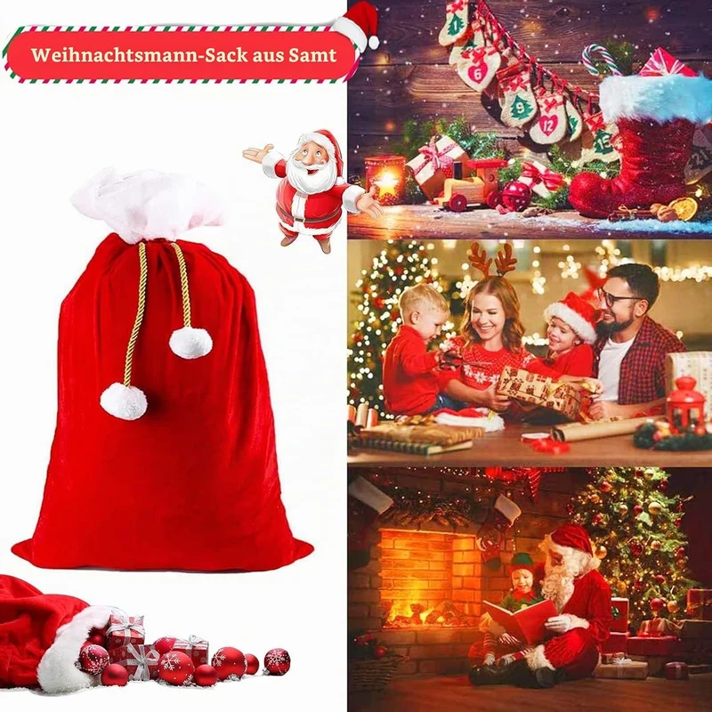 Weihnachtssack aus Samt Grosse,Weihnachtsmann Sack aus Samt,mit Kordelzug und Bommeln,Samt Santa Sac