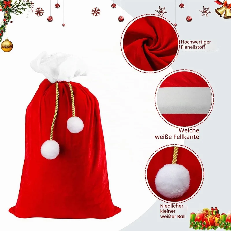 Weihnachtssack aus Samt Grosse,Weihnachtsmann Sack aus Samt,mit Kordelzug und Bommeln,Samt Santa Sac