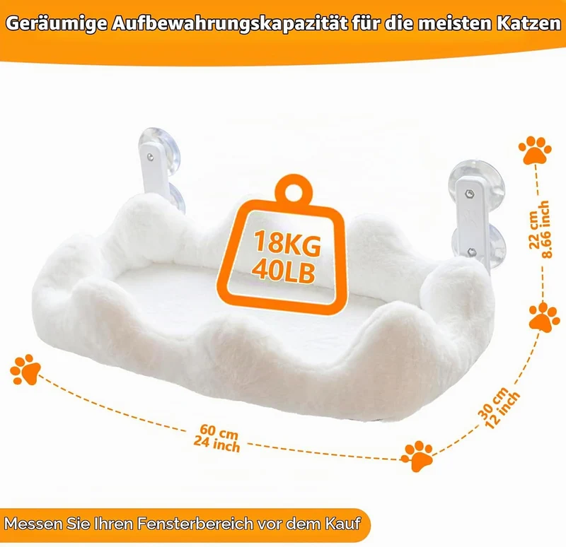 Katzen-Fensterliege, 60 x 30 cm Faltbare Katzenhängematte für das Fenster mit 4-seitiger Polsterung