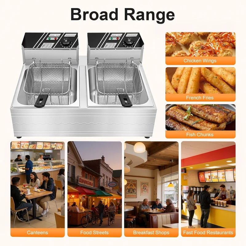 Friteuse Öl 2 x 6L Doppel Fritteuse mit 60-200℃ Einstellbare Temperatur 5000W Edelstahl Friteuses mi
