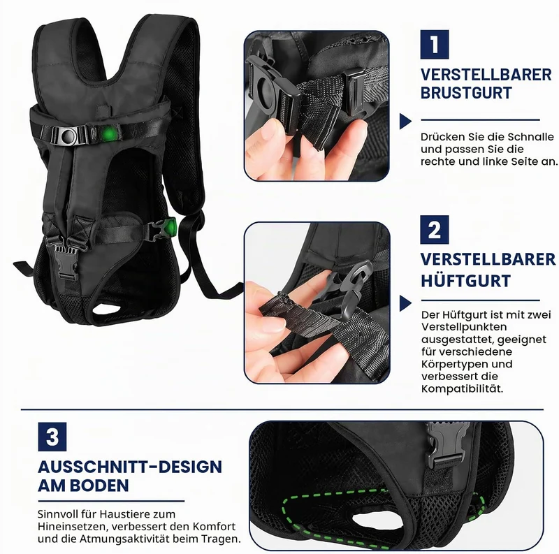 Hunderucksack bis 10kg, Verstellbarer Frontträger für Welpen & kleine Hunde, Atmungsaktive Sicherhei