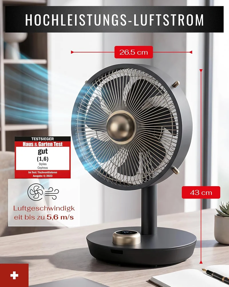 Premium Tischventilator, Ventilator leise aus Metall mit 12 Stufen, Digital-Display, 90° Oszillation
