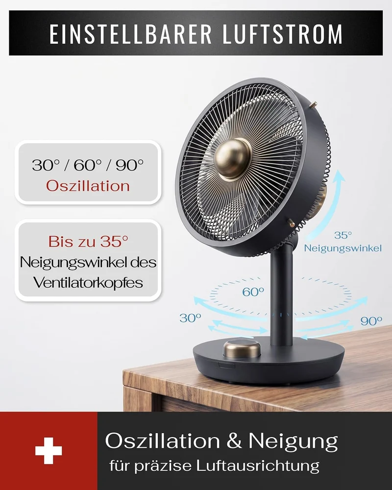 Premium Tischventilator, Ventilator leise aus Metall mit 12 Stufen, Digital-Display, 90° Oszillation