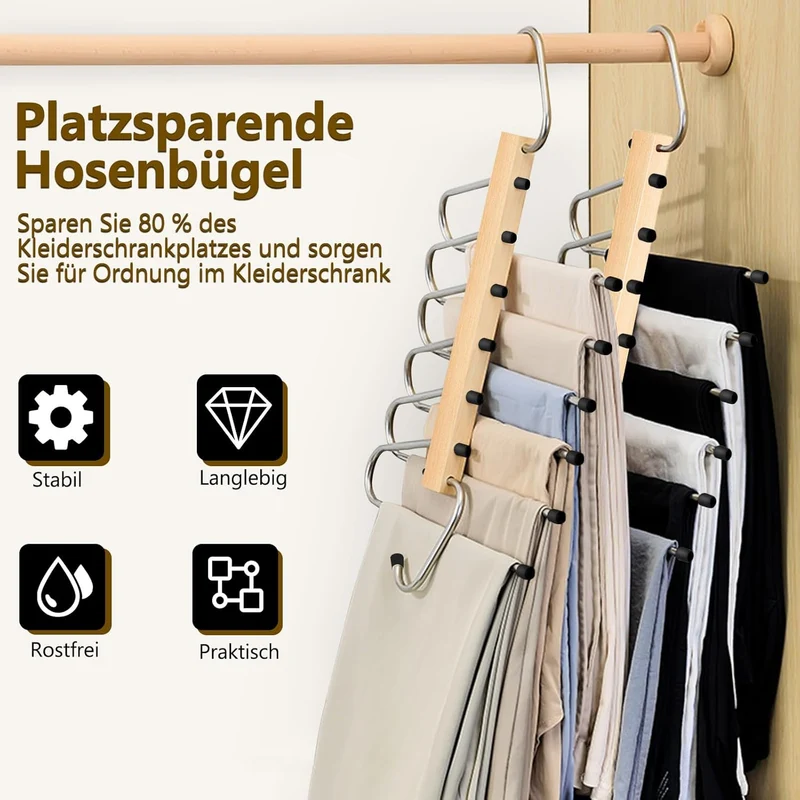 YUNLEX 2 Stück 6 in 1 Holz Hosenbügel Platzsparend | Rutschfeste Magische Kleiderbügel, Faltbare Hos
