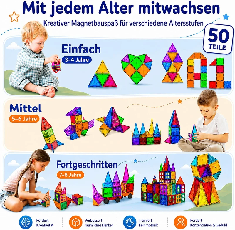 Magnetische Bausteine 50 Stück, Magnetspielzeug Kinder ab 3 4 5 Jahre, Montessori Konstruktionsspiel