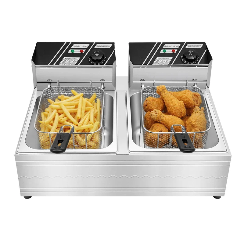 Doppelfritteuse 2x6L Edelstahl, elektrische Doppelbecken-Fritteuse 5000W, 60-200°C Temperaturregelun