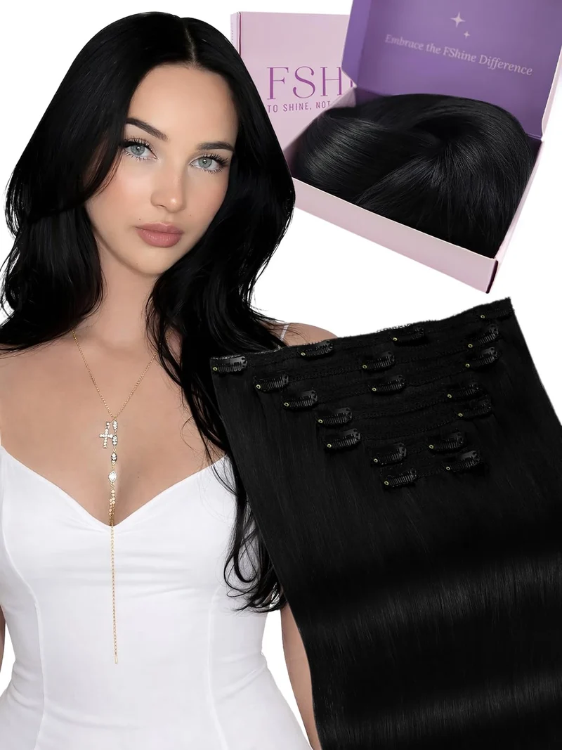 Fshine Clip in Extensions Echthaar Tief Schwarz, 7 Stücke 120 g, 35 cm, Schnelle Installation, Brazi