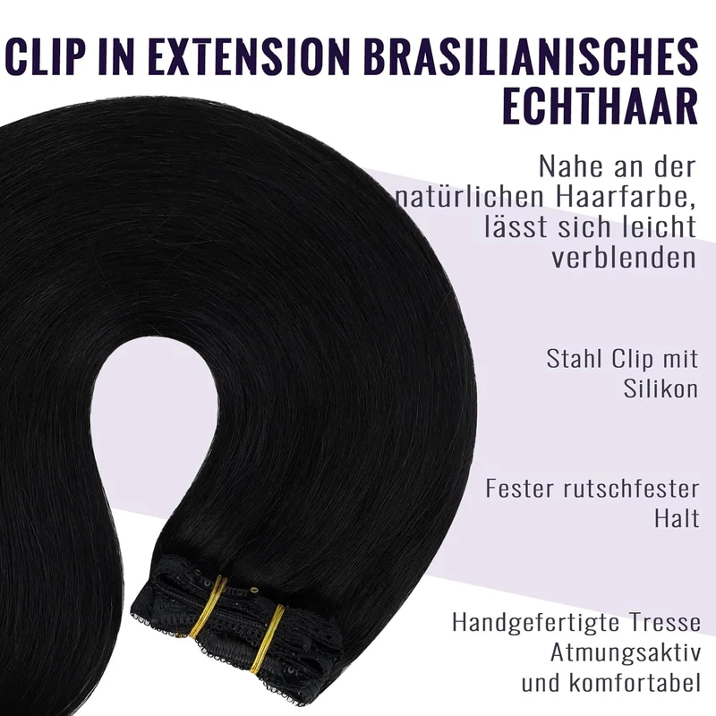 Fshine Clip in Extensions Echthaar Tief Schwarz, 7 Stücke 120 g, 35 cm, Schnelle Installation, Brazi