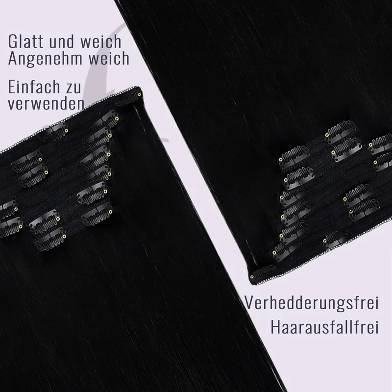 Fshine Clip in Extensions Echthaar Tief Schwarz, 7 Stücke 120 g, 35 cm, Schnelle Installation, Brazi