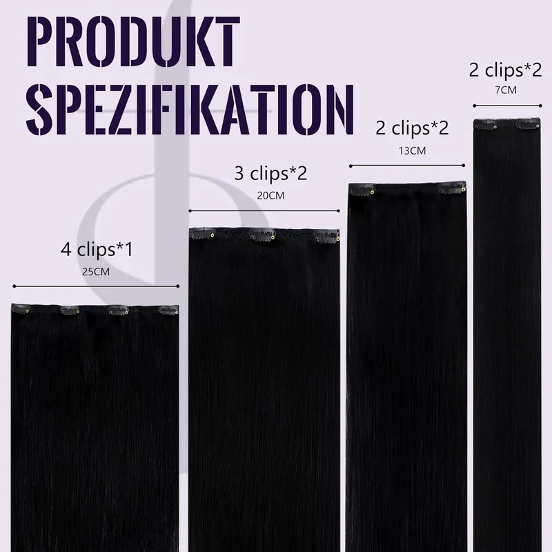Fshine Clip in Extensions Echthaar Tief Schwarz, 7 Stücke 120 g, 35 cm, Schnelle Installation, Brazi