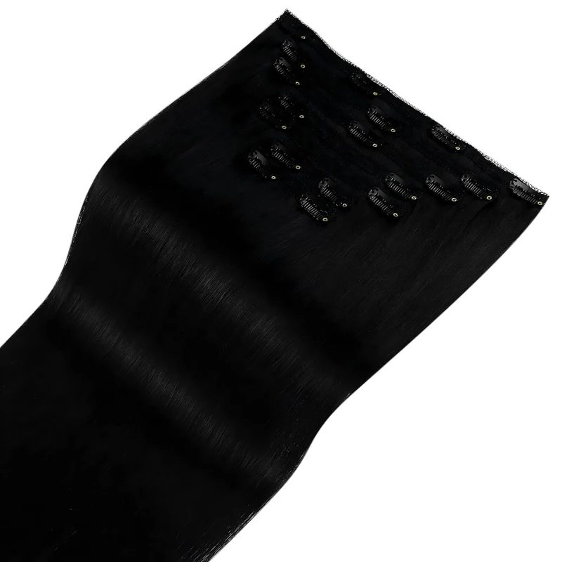 Fshine Clip in Extensions Echthaar Tief Schwarz, 7 Stücke 120 g, 35 cm, Schnelle Installation, Brazi