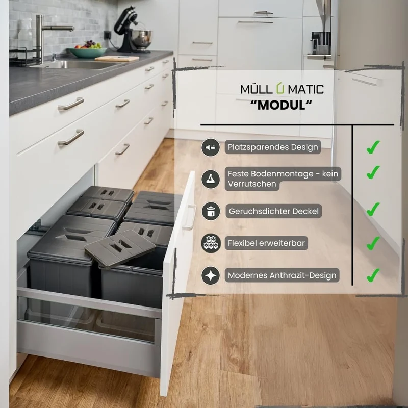 Aspira Home Müllomatic MODUL 1 MINI | Einbau Mülleimer für Schublade und Unterschrank, modularer Abf