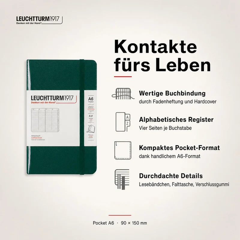 LEUCHTTURM1917 370362 Adressbuch Pocket (A6), Hardcover, Forest Green Forest Green Pocket (A6), Fore
