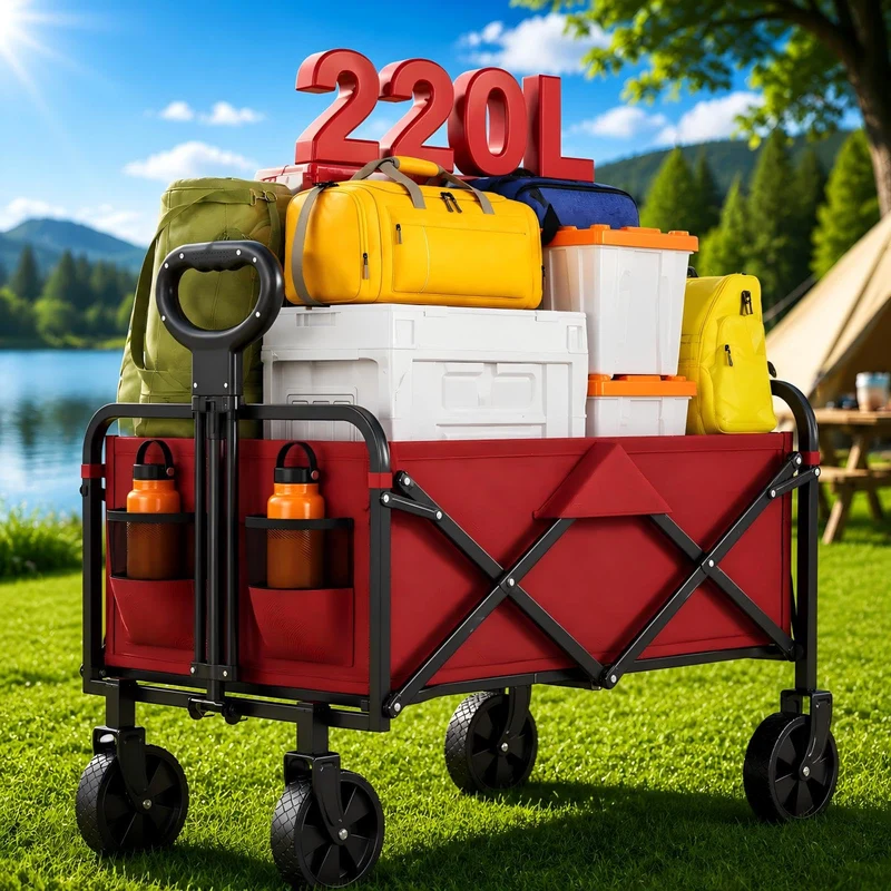 Zstar Bollerwagen Faltbar 220L, 73 x 46,5 x 89,5 cm, Handwagen mit 180 kg Tragkraft, 360° Geländeräd