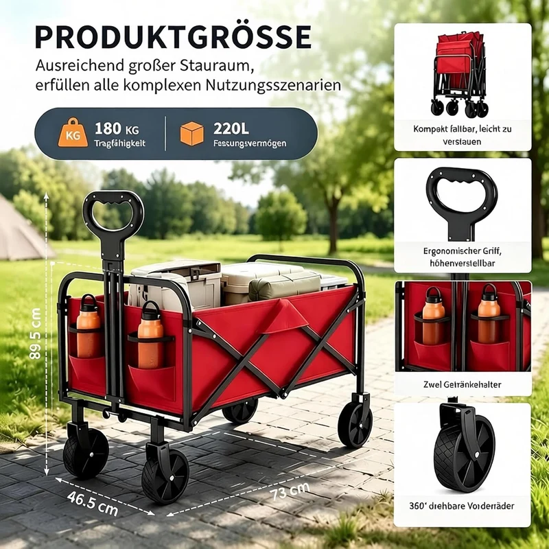 Zstar Bollerwagen Faltbar 220L, 73 x 46,5 x 89,5 cm, Handwagen mit 180 kg Tragkraft, 360° Geländeräd