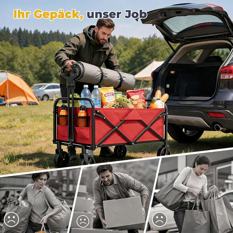 Zstar Bollerwagen Faltbar 220L, 73 x 46,5 x 89,5 cm, Handwagen mit 180 kg Tragkraft, 360° Geländeräd
