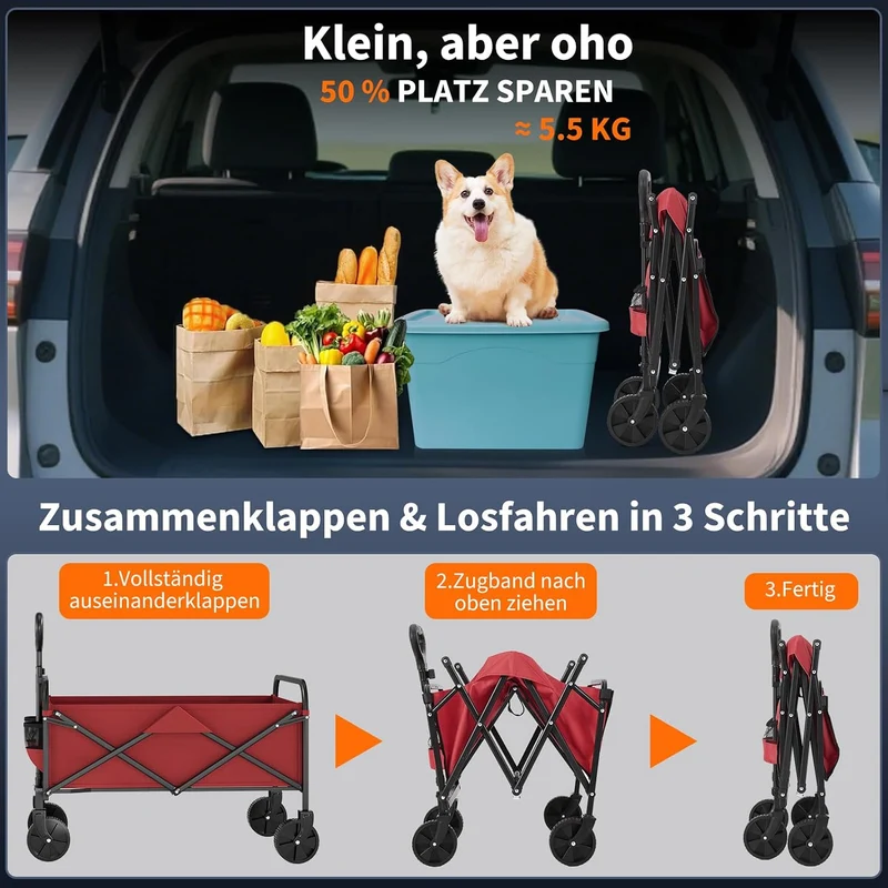 Zstar Bollerwagen Faltbar 220L, 73 x 46,5 x 89,5 cm, Handwagen mit 180 kg Tragkraft, 360° Geländeräd