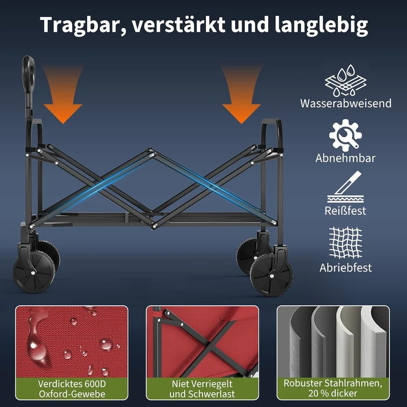 Zstar Bollerwagen Faltbar 220L, 73 x 46,5 x 89,5 cm, Handwagen mit 180 kg Tragkraft, 360° Geländeräd
