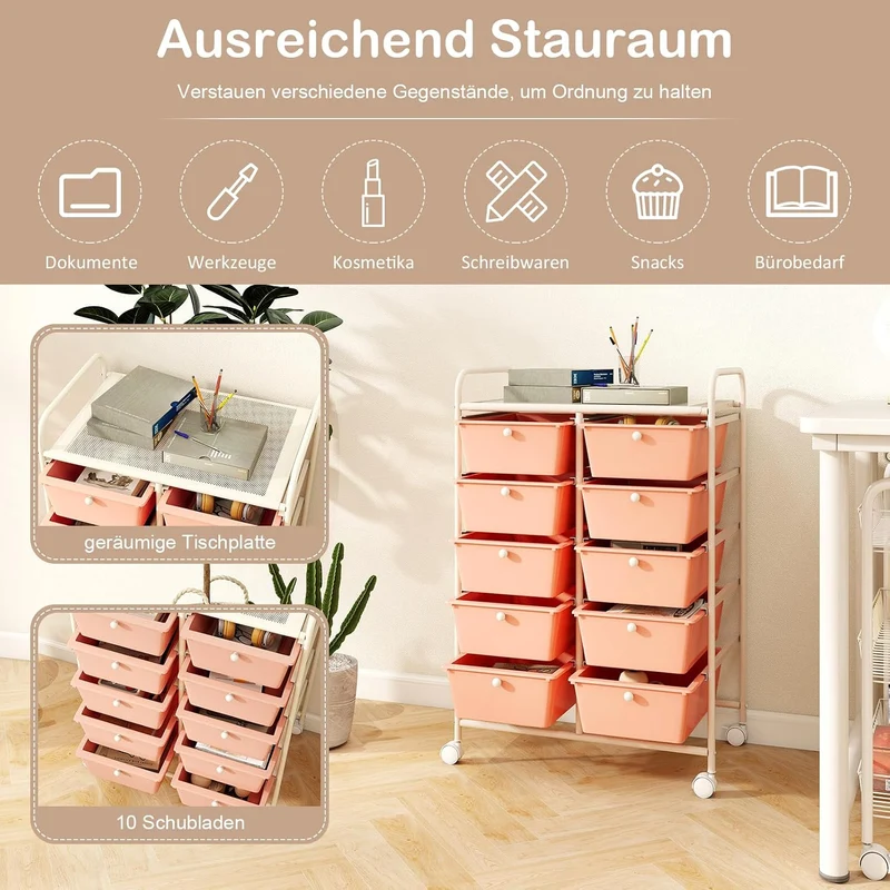 GOPLUS Rollwagen mit 10 Schubladen stapelbar, Schubladenwagen Rollcontainer mit Ablage & Metallgeste