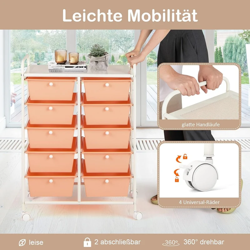 GOPLUS Rollwagen mit 10 Schubladen stapelbar, Schubladenwagen Rollcontainer mit Ablage & Metallgeste