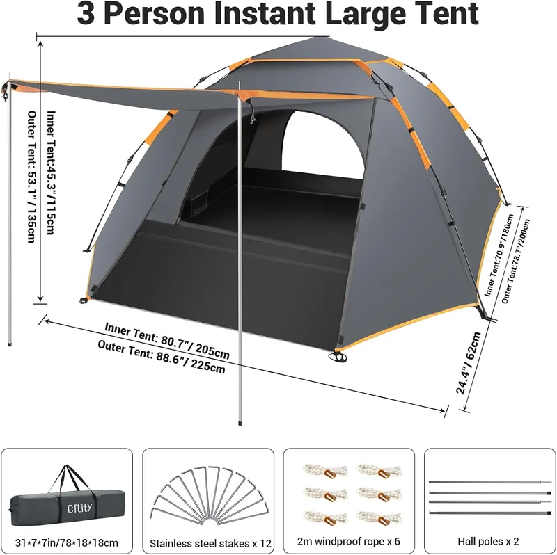 Cflity Camping Zelt, 3 Personen Pop Up Zelt Automatisches Instant DREI Schicht Wasserdicht 4 Jahresz