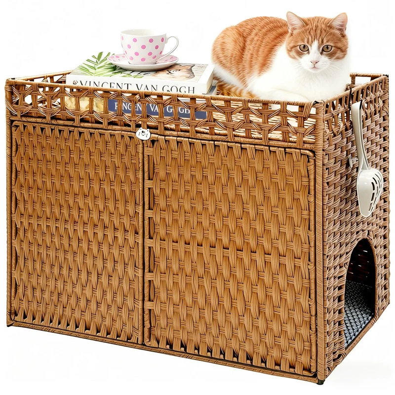Homegroove Katzenschrank für Katzentoilette - Verstecktes Katzenklo Möbel aus Handgeflochtenem Ratta