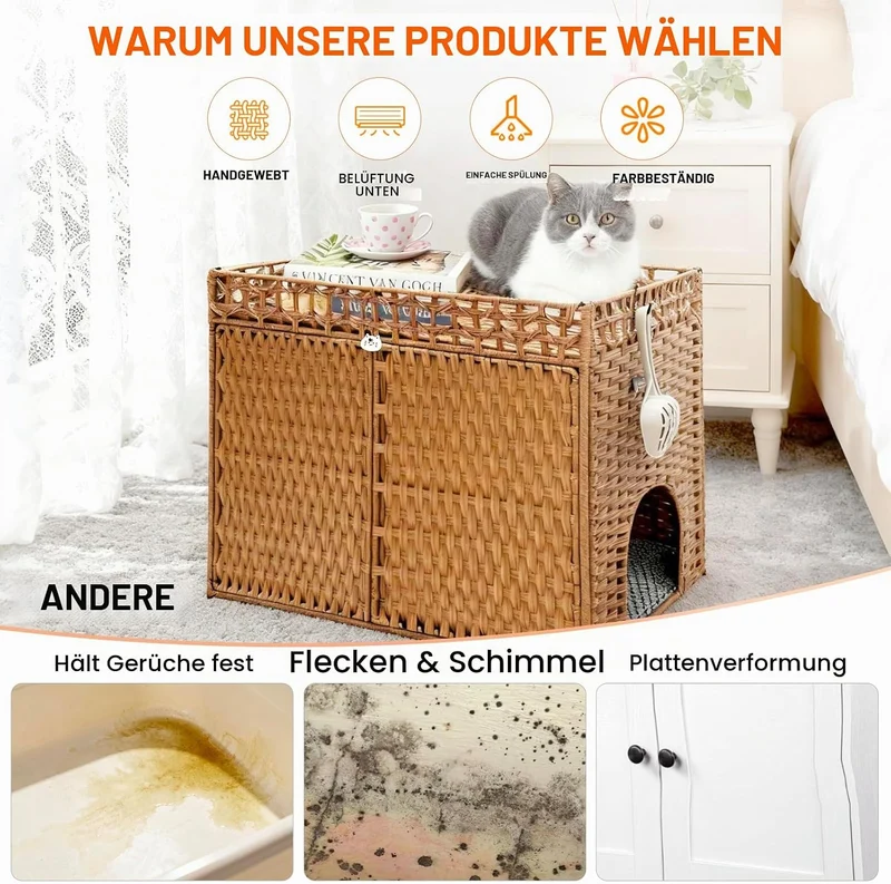 Homegroove Katzenschrank für Katzentoilette - Verstecktes Katzenklo Möbel aus Handgeflochtenem Ratta