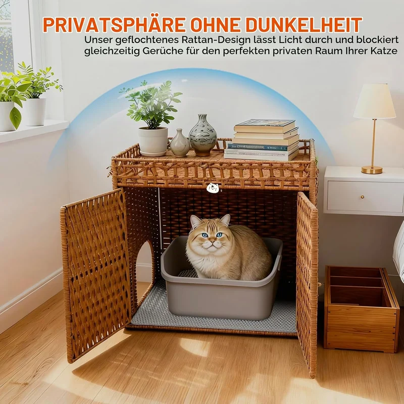 Homegroove Katzenschrank für Katzentoilette - Verstecktes Katzenklo Möbel aus Handgeflochtenem Ratta
