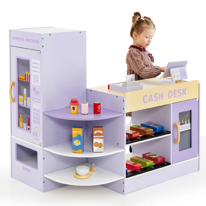 GOPLUS Kinder Kaufladen, Supermarkt aus Holz, Kaufmannsladen mit mit Kasse, POS-Automat & Verkaufsau