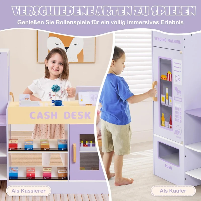 GOPLUS Kinder Kaufladen, Supermarkt aus Holz, Kaufmannsladen mit mit Kasse, POS-Automat & Verkaufsau